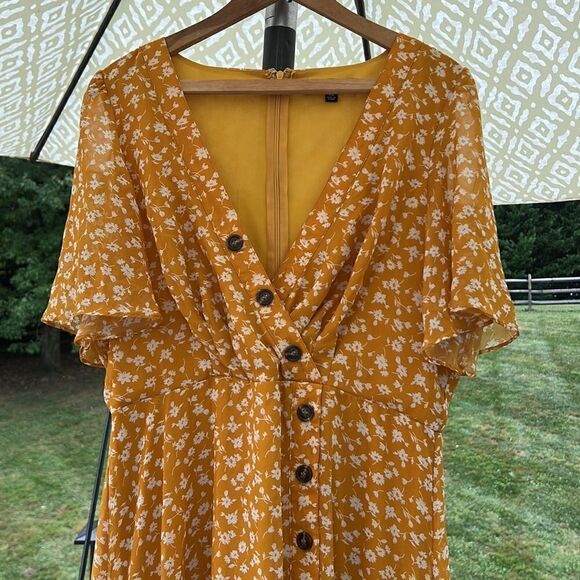 Lulus Women’s XL mustard yellow floral midi flowing dress NWOT boho prairie core - Picture 15 of 16